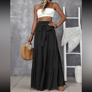 Smocked Waist Wide Leg Maxi Pants with Bow - Black